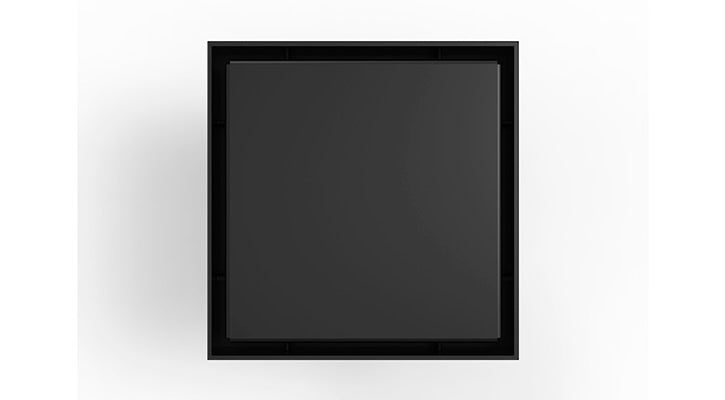 Matte black square floor drain with stainless steel bonded flange, 5 inches by 5 inches.