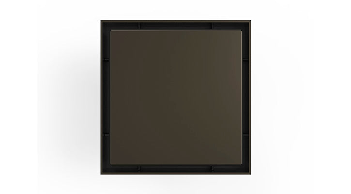 Square oil rubbed bronze drain cover with solid surface and black frame, 5 inches by 5 inches.