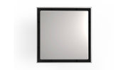 Square satin stainless steel drain cover with black frame, 5 inches by 5 inches.
