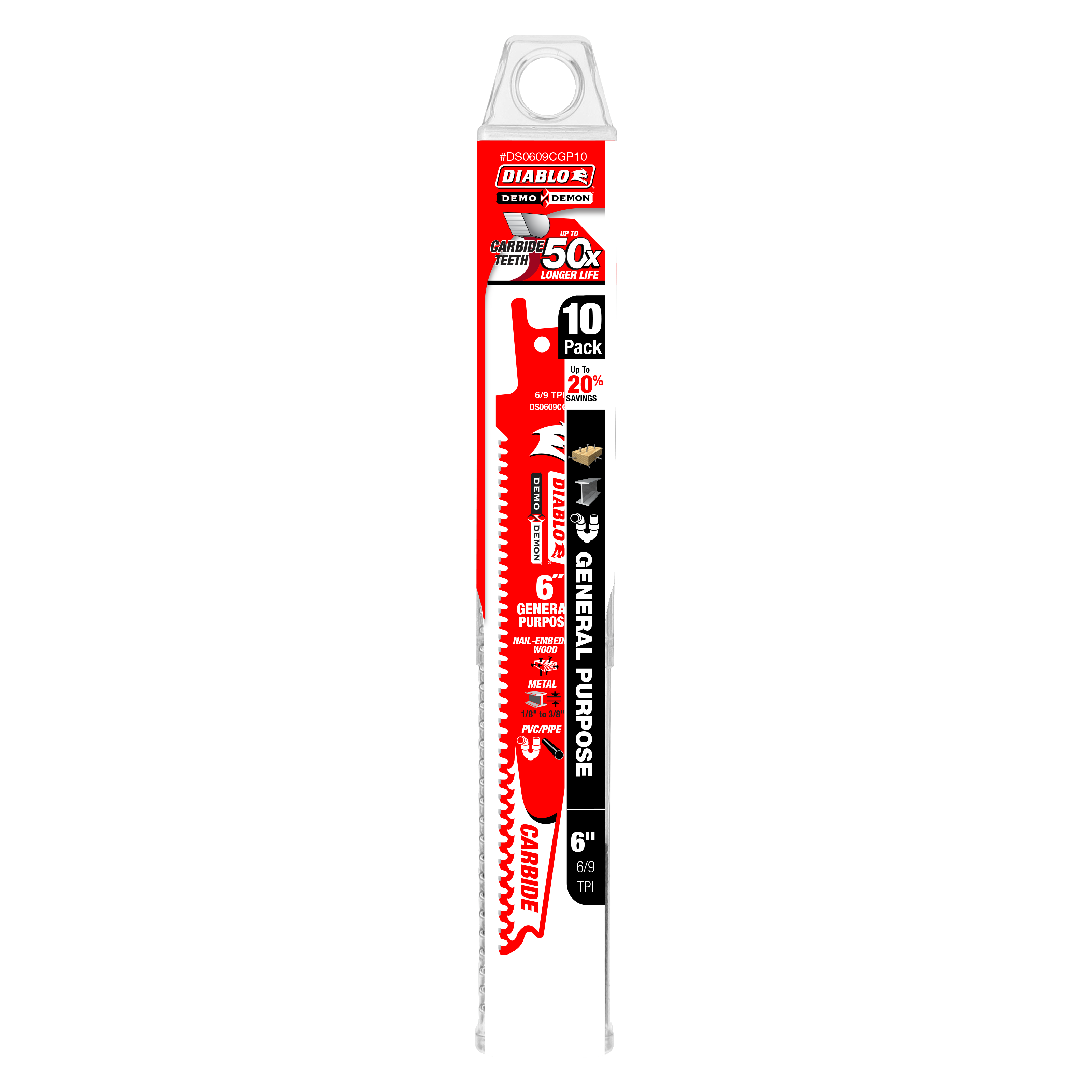 Ten-pack of 6-inch Diablo Demo Demon carbide reciprocating saw blades with red and black packaging.