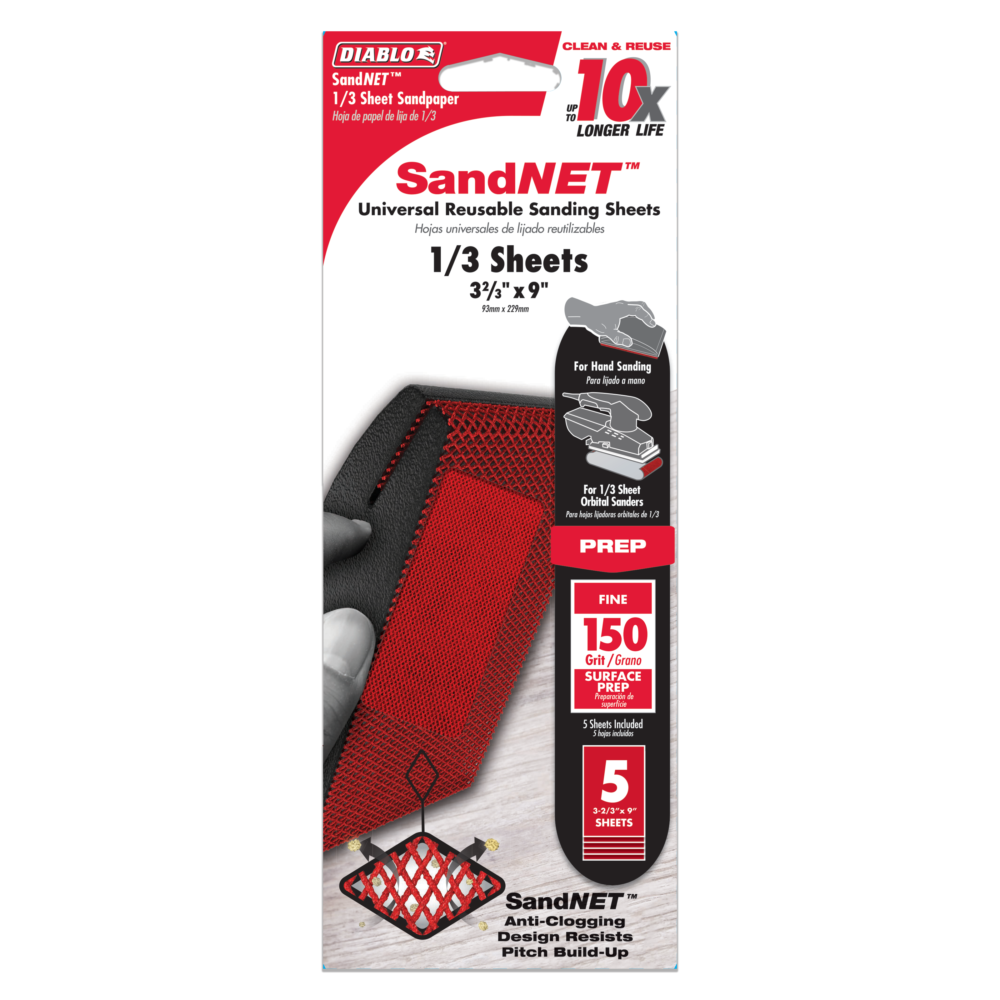 Five Diablo SandNET 150-grit sanding sheets in red mesh material with anti-clogging design for hand sanders.