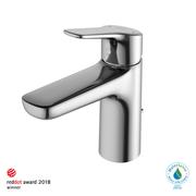 Polished chrome single-handle bathroom sink faucet with curved spout and cylindrical body.