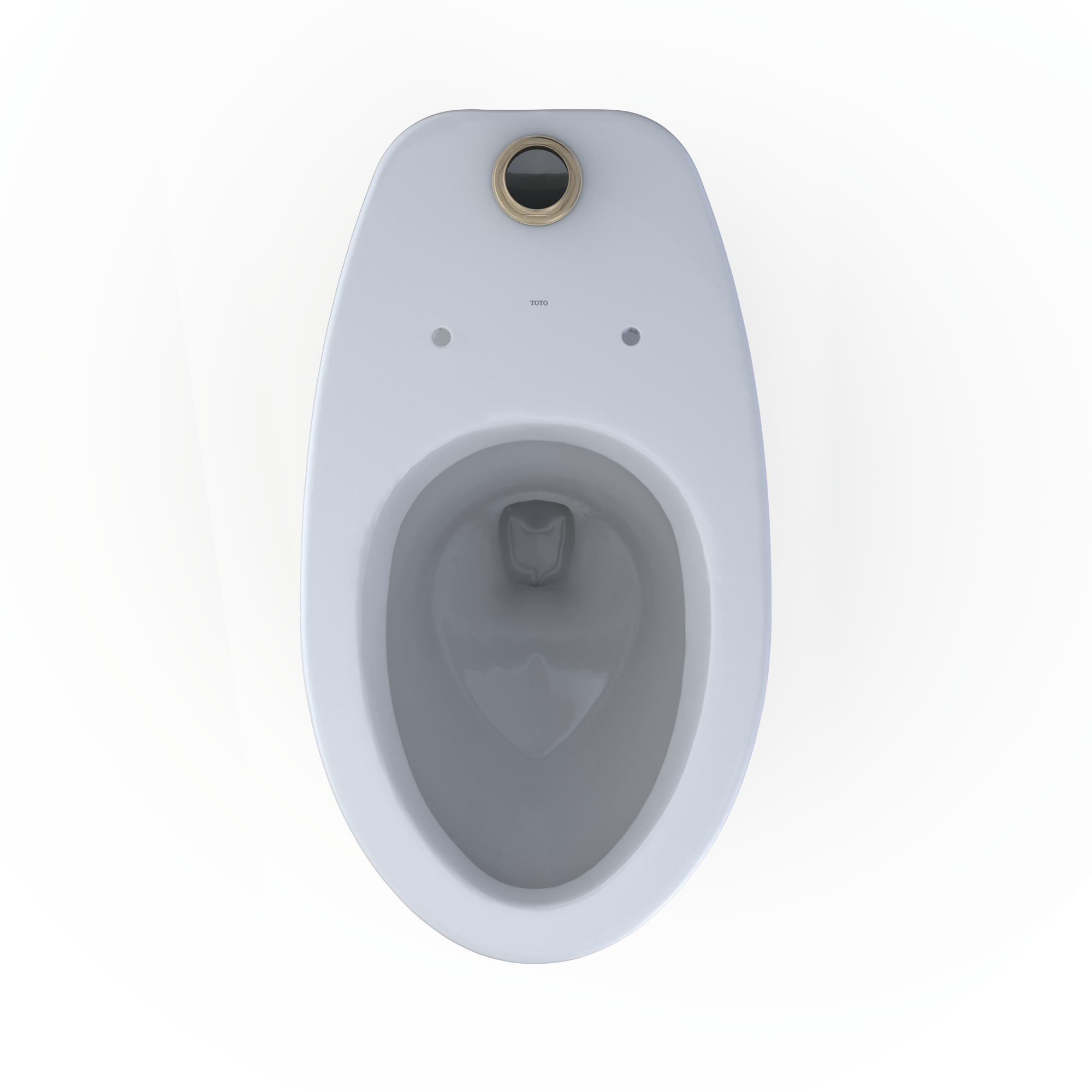 White elongated toilet bowl viewed from above with flushometer connection point and mounting holes visible.