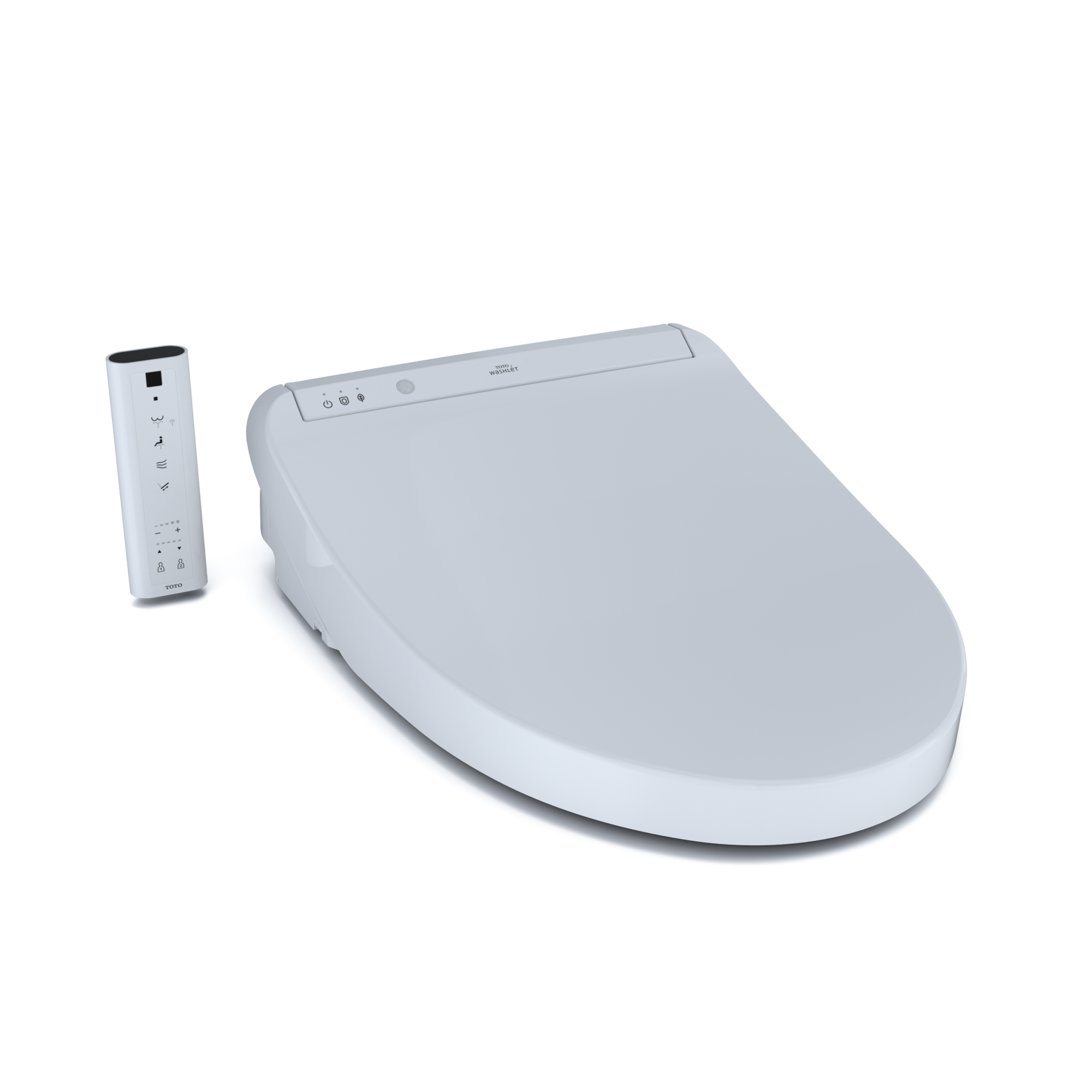White Toto WASHLET K300 bidet seat with remote control featuring control buttons and mounting bracket.
