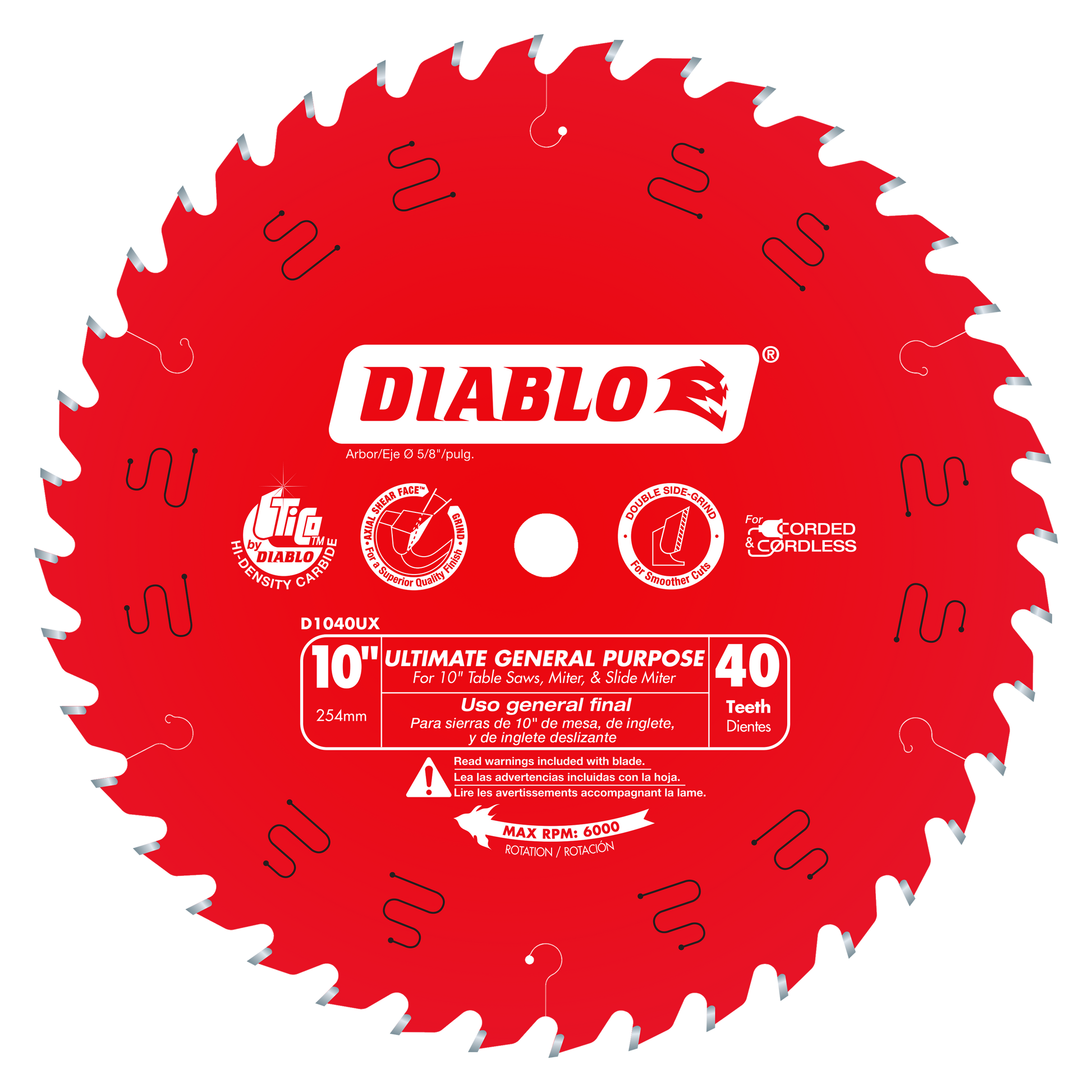 Red circular saw blade with 40 teeth, white center hub, and Diablo branding for 10-inch table saws.