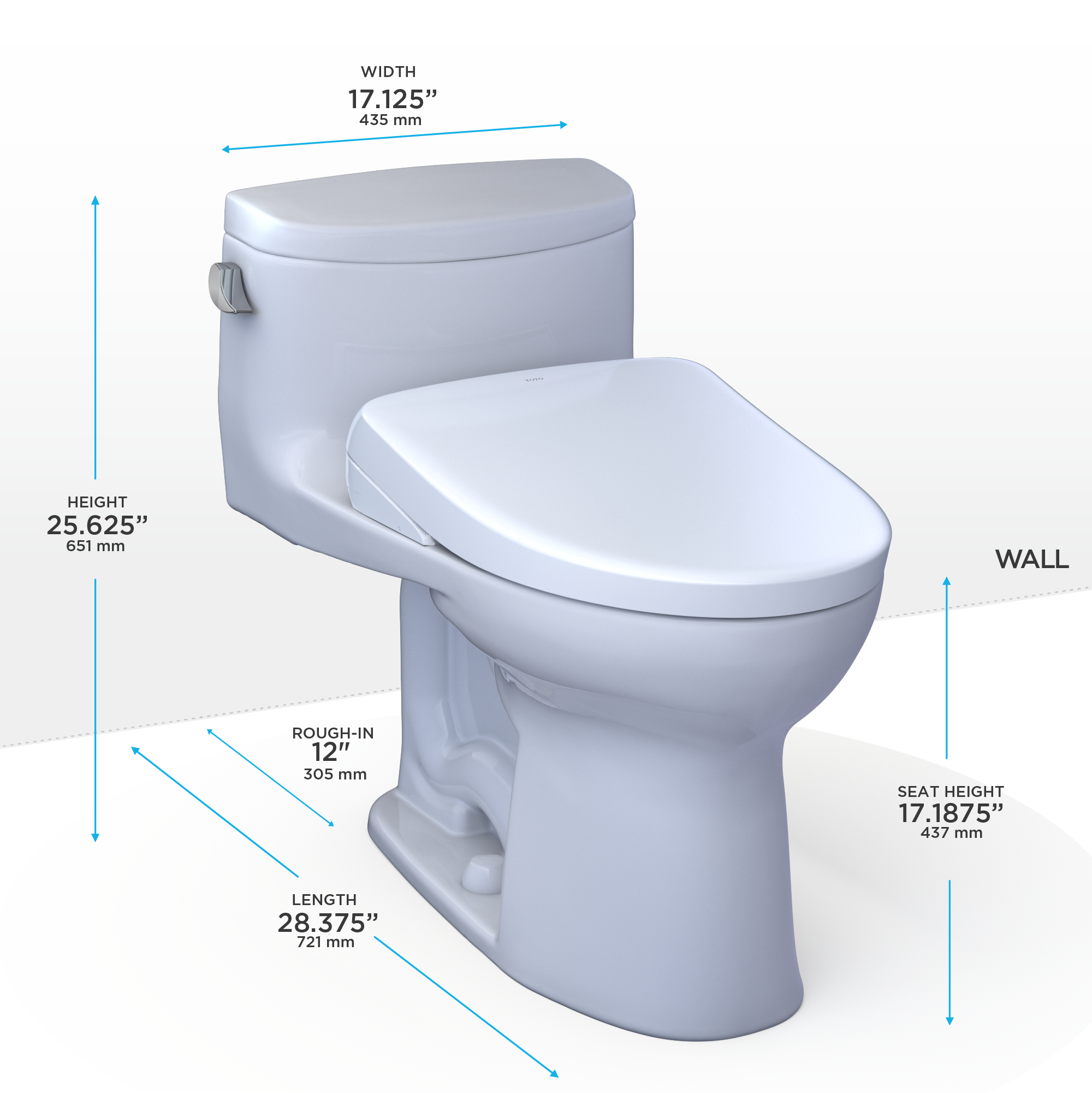 Toto Supreme II One Piece Elongated Universal Height Toilet with CEFIONTECT 1.28 GPF with Contemporary Washlet+ S7A Bidet Seat in Cotton White