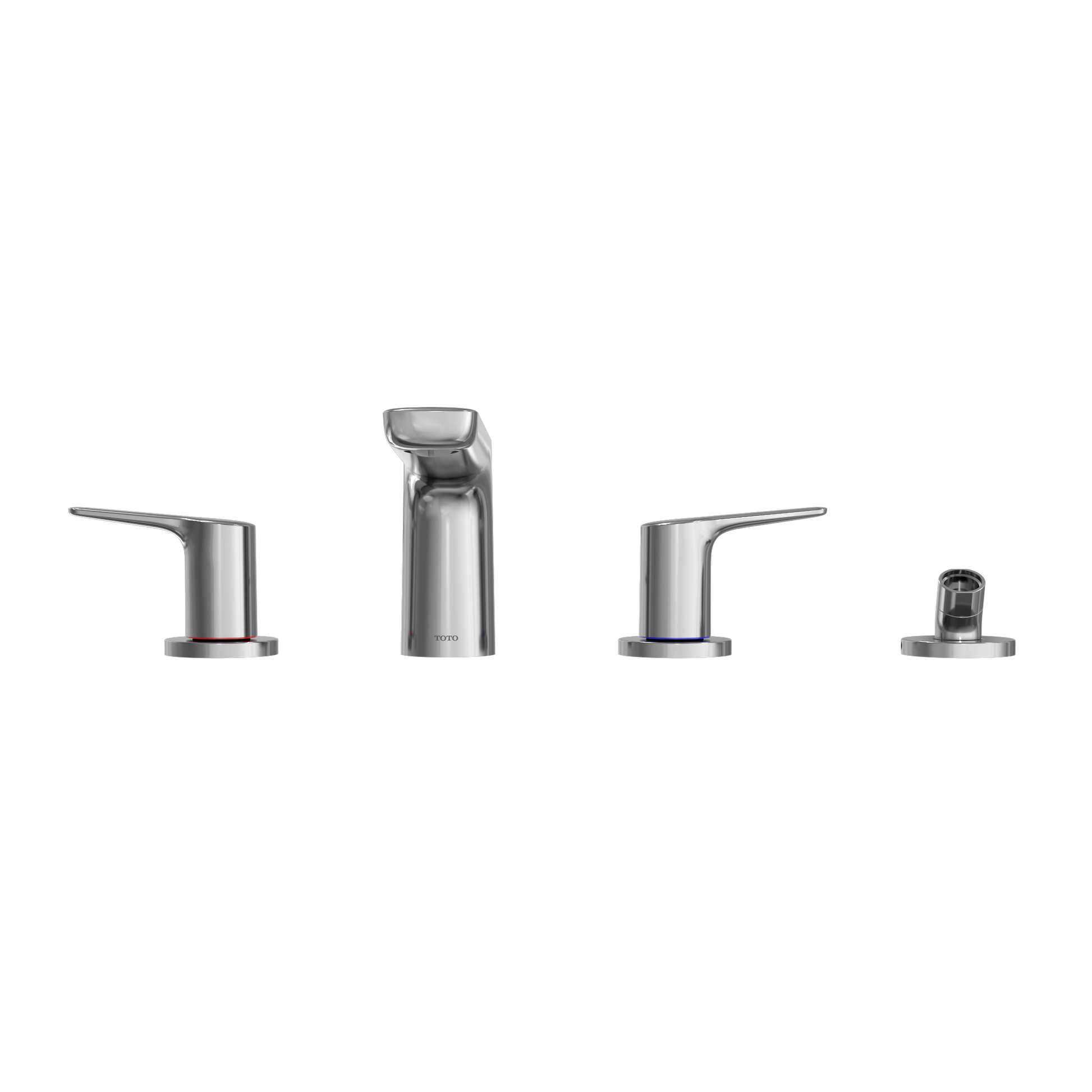 Polished chrome four-piece roman tub filler set with two lever handles, tall spout, and handheld shower head.