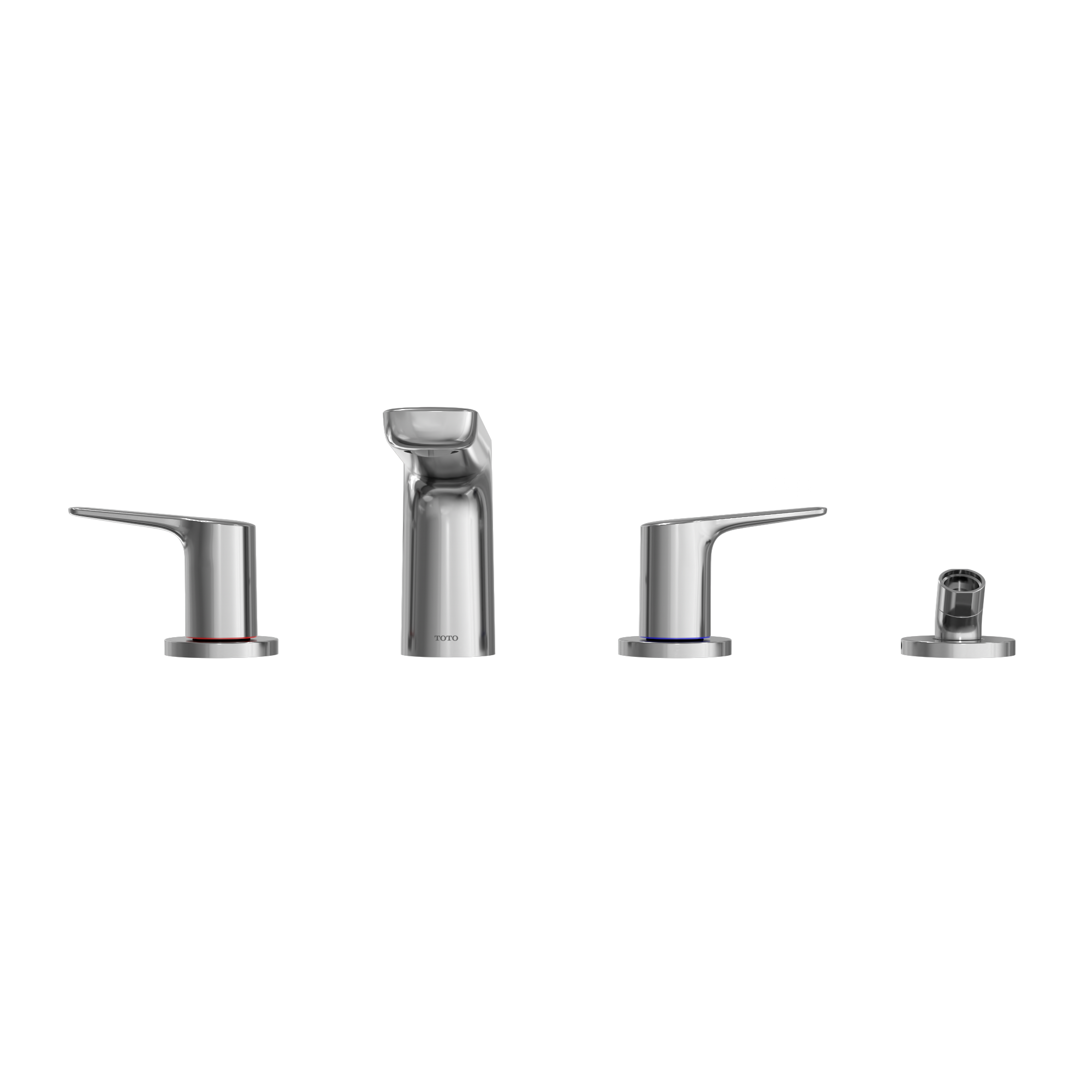 Polished chrome four-piece roman tub filler set with two lever handles, tall spout, and handheld shower head.
