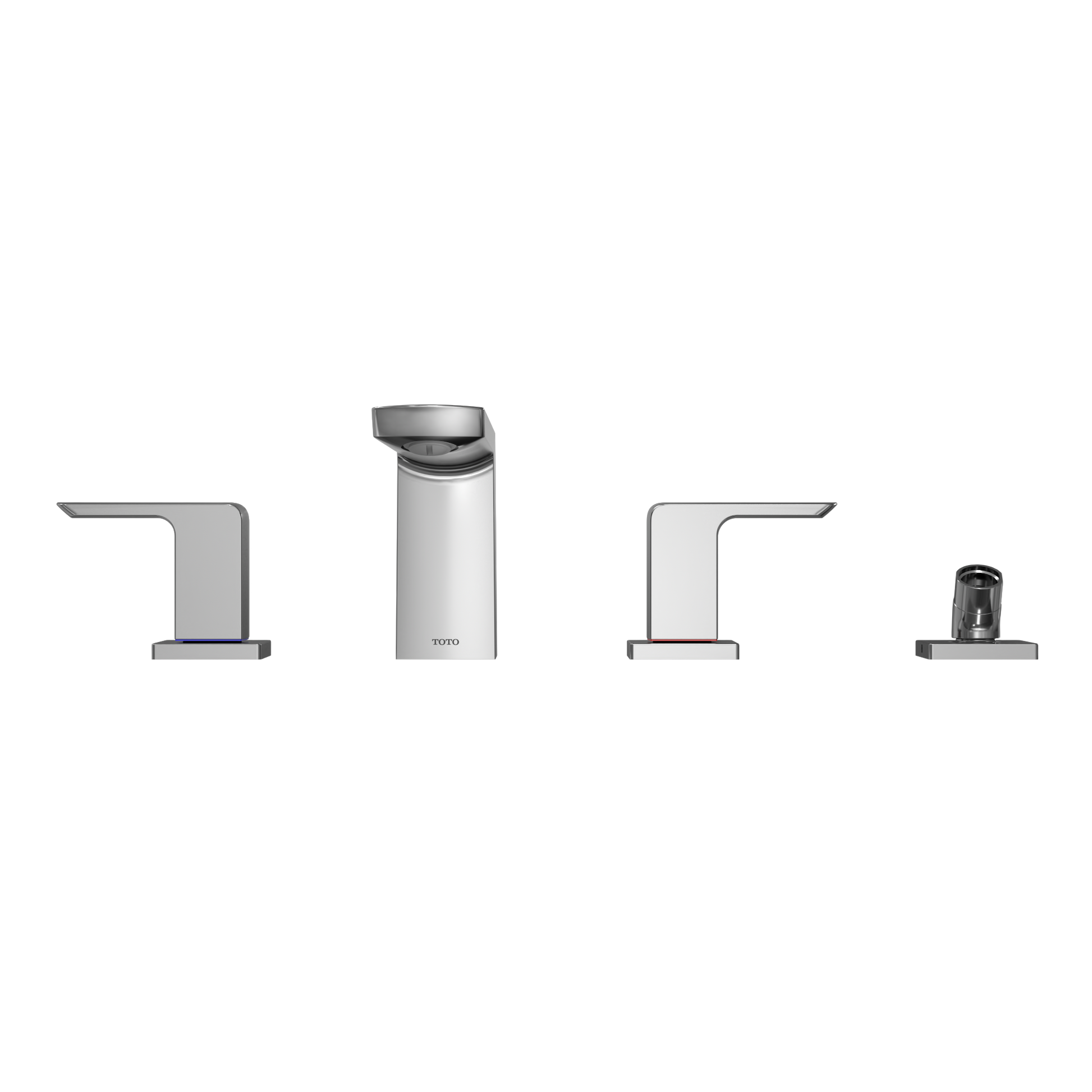 Polished chrome two-handle roman tub filler with center spout and detachable handshower on right.