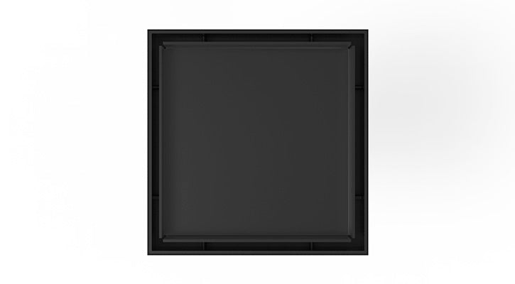 Black square drain kit with recessed center opening and raised frame border.