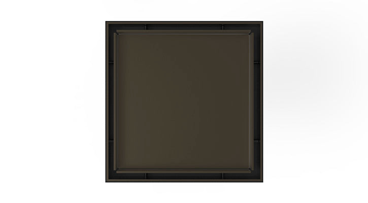 Square oil rubbed bronze drain kit with center drain opening and recessed frame design.