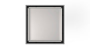 Square polished stainless steel center drain with black frame border, 5" x 5" size.