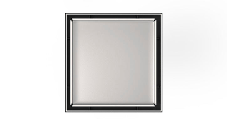 Square polished stainless steel center drain with black frame border, 5" x 5" size.
