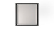 Square satin stainless steel drain cover with center opening and black trim ring, 5" x 5" size.