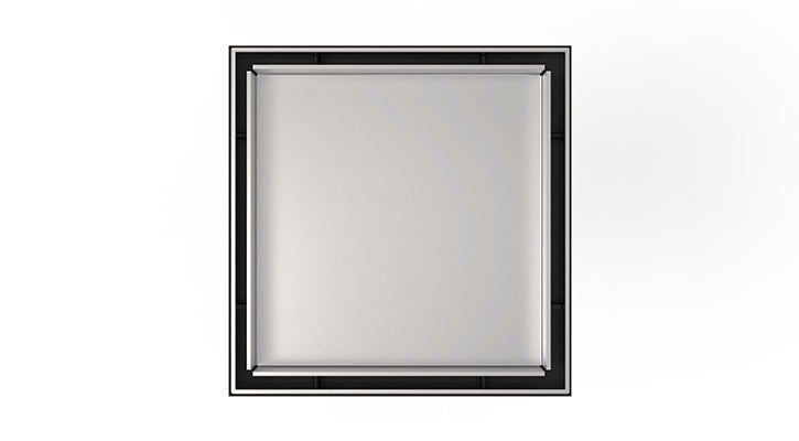 Square satin stainless steel drain cover with center opening and black trim ring, 5" x 5" size.