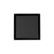Matte black square drain cover with center outlet and recessed grate design.