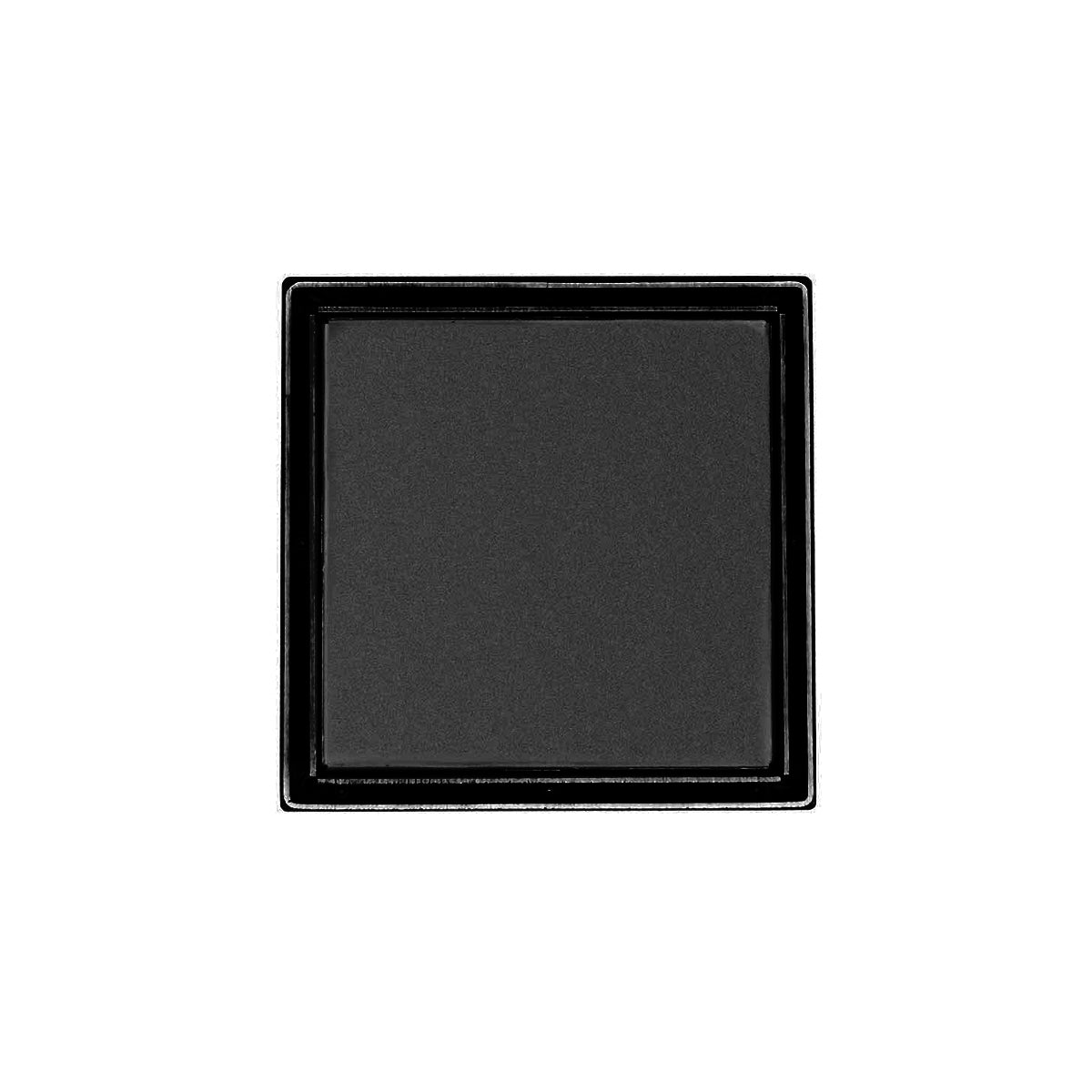 Matte black square drain cover with recessed center and raised border frame.