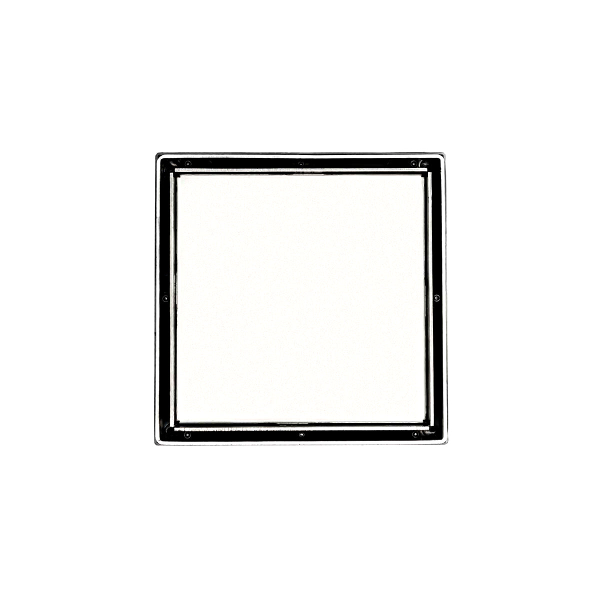 Polished stainless steel square drain trim ring with center opening and mounting holes.
