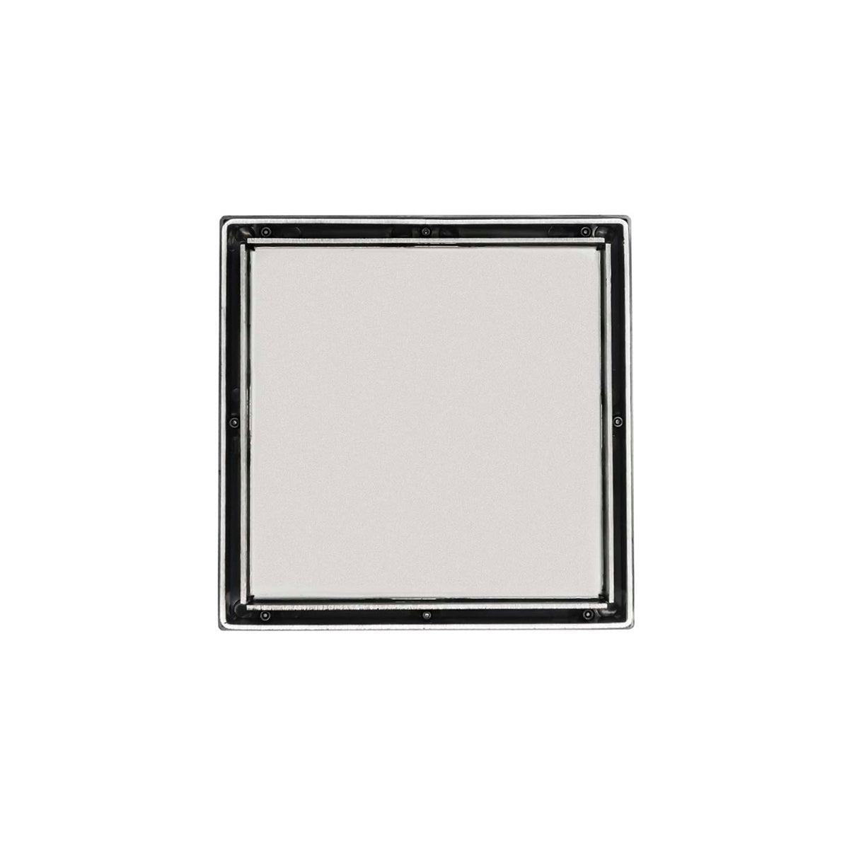 Square satin stainless steel drain grate with black frame and center opening, mounted on white background.