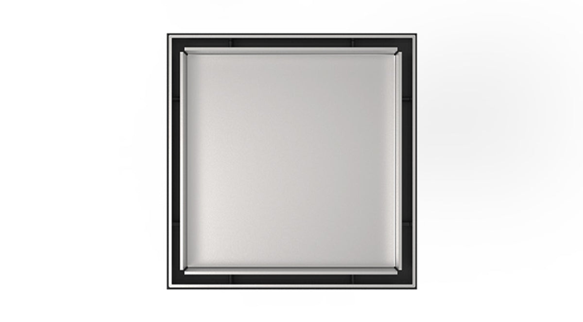 Square polished stainless steel center drain kit with black frame border, 5" x 5" size.