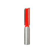 Red and silver straight router bit with 1/2" diameter cutting head and metal shank.