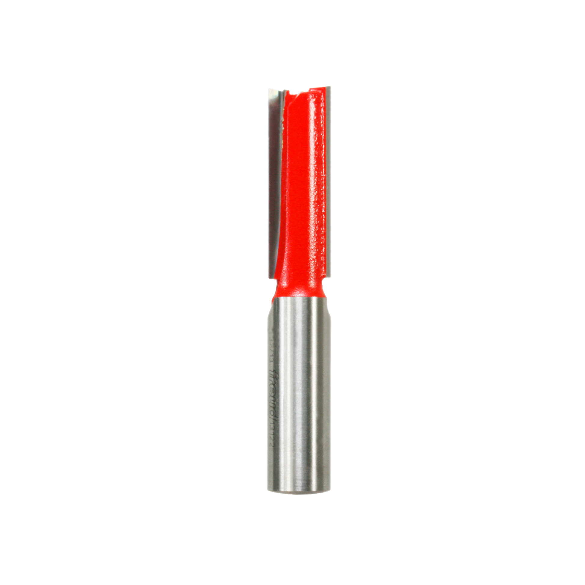 Red and silver straight router bit with 1/2" diameter cutting head and metal shank.