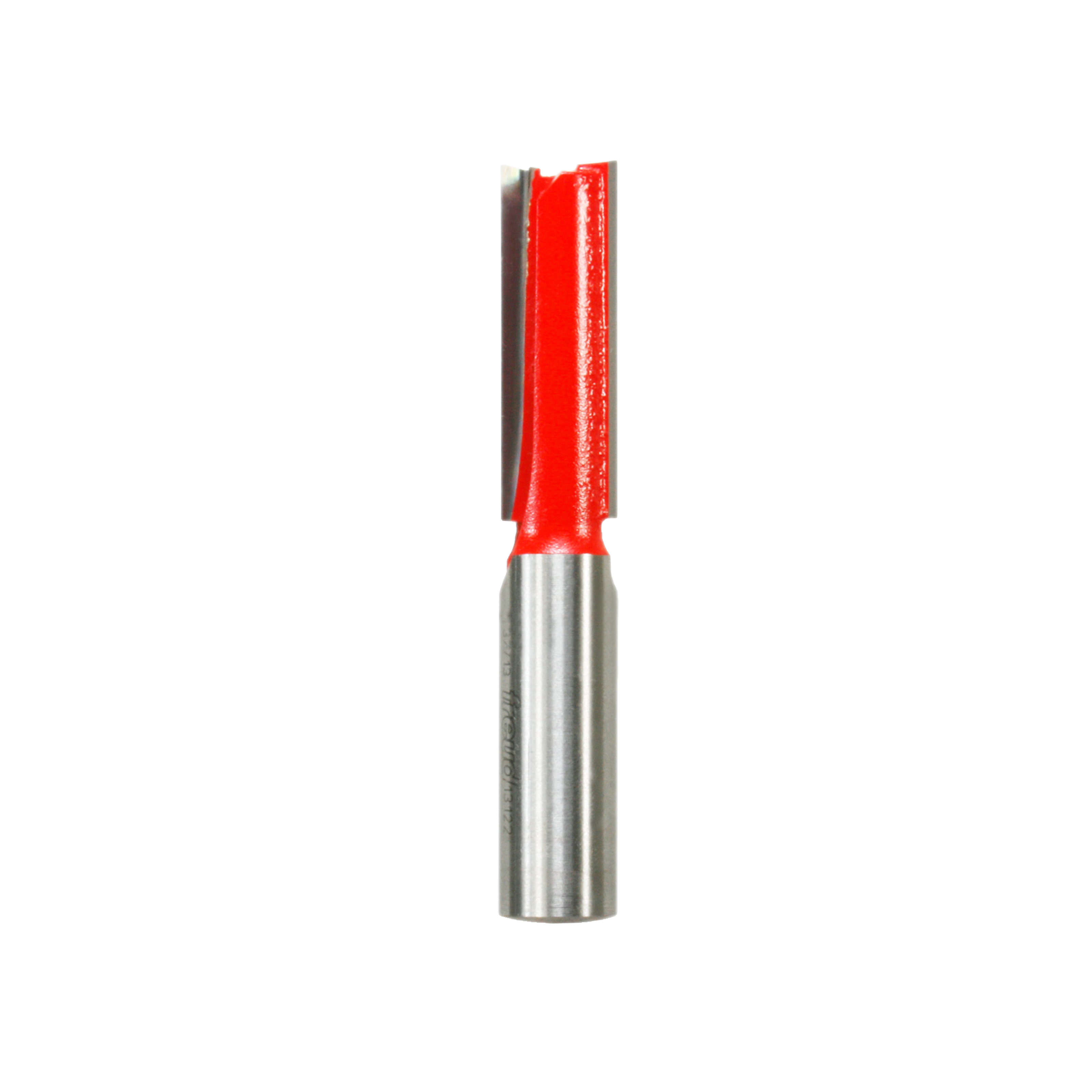Red and silver straight router bit with 1/2" diameter cutting head and metal shank.