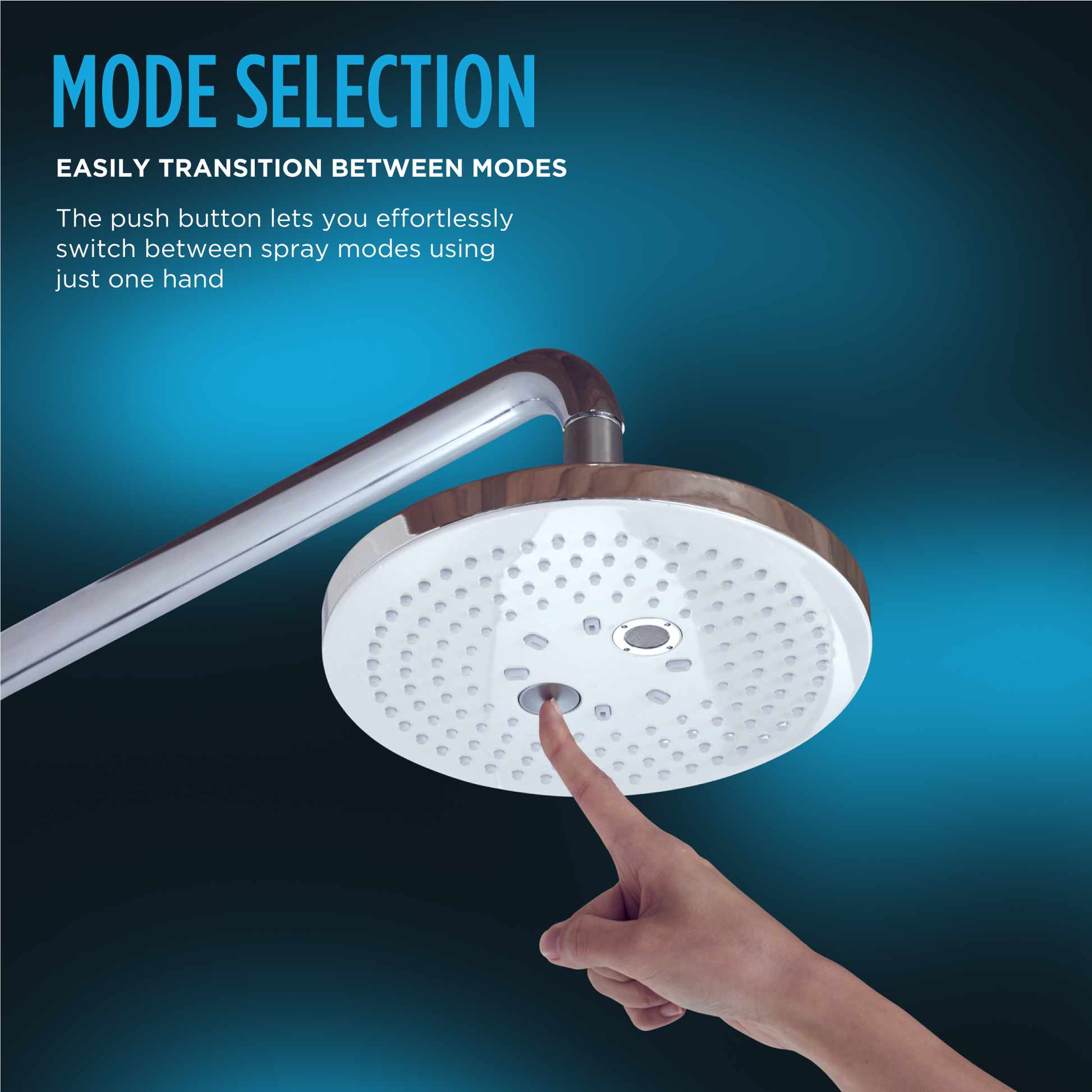Round polished chrome shower head with push button mode selector and multiple spray holes.