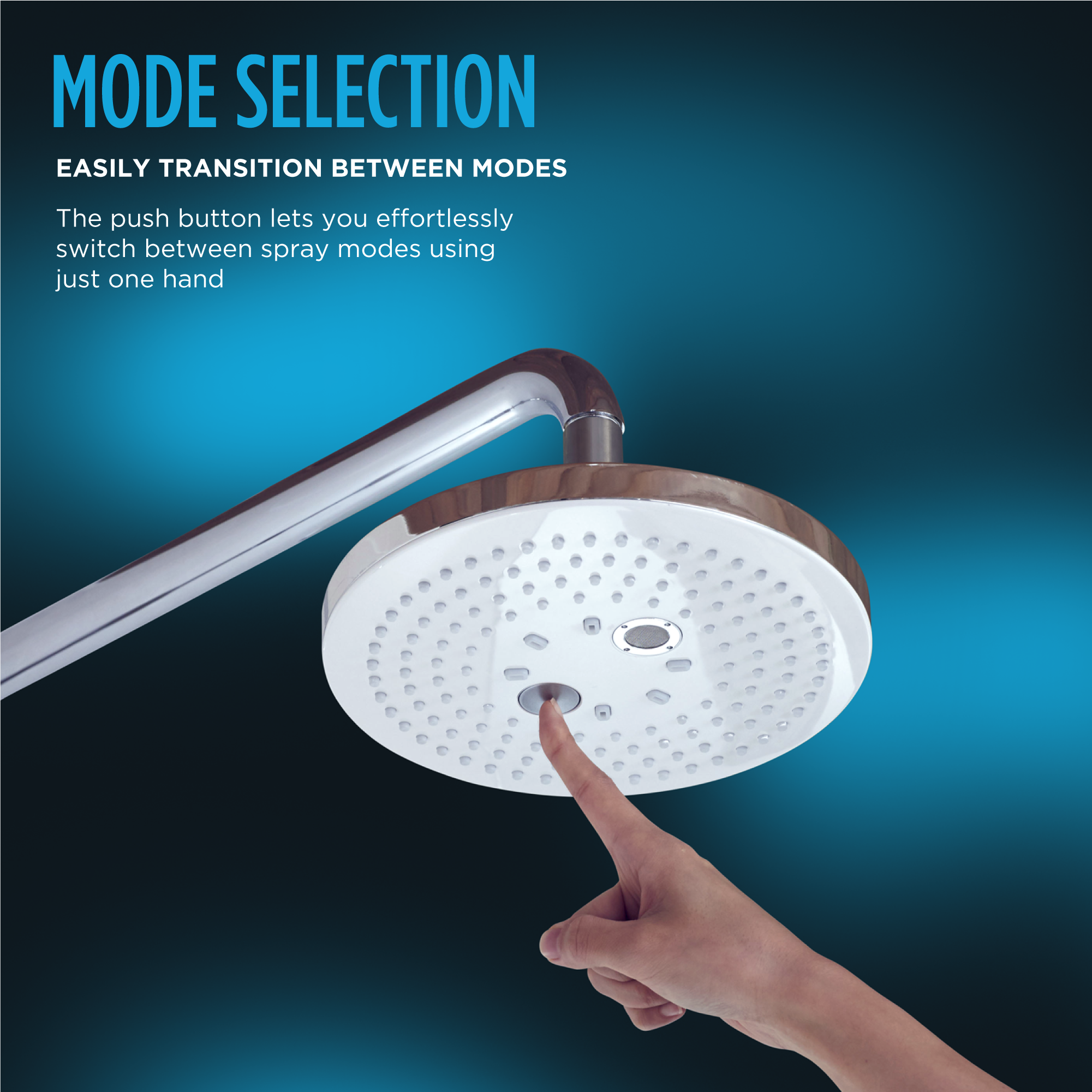 Round polished chrome shower head with push button mode selector and multiple spray holes.