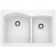 White double bowl drop-in kitchen sink with chrome drain strainers and divider.