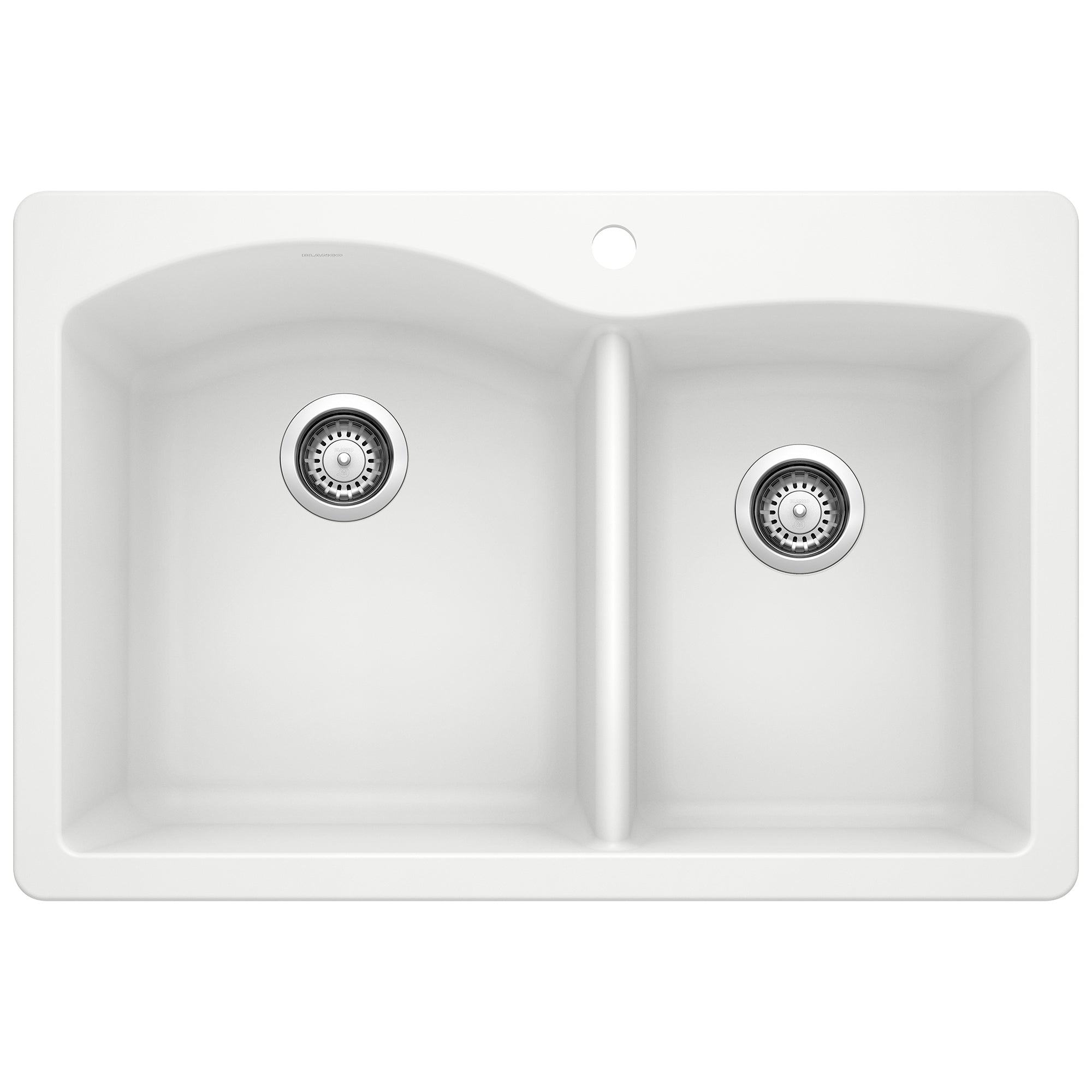 White double bowl drop-in kitchen sink with chrome drain strainers and divider.
