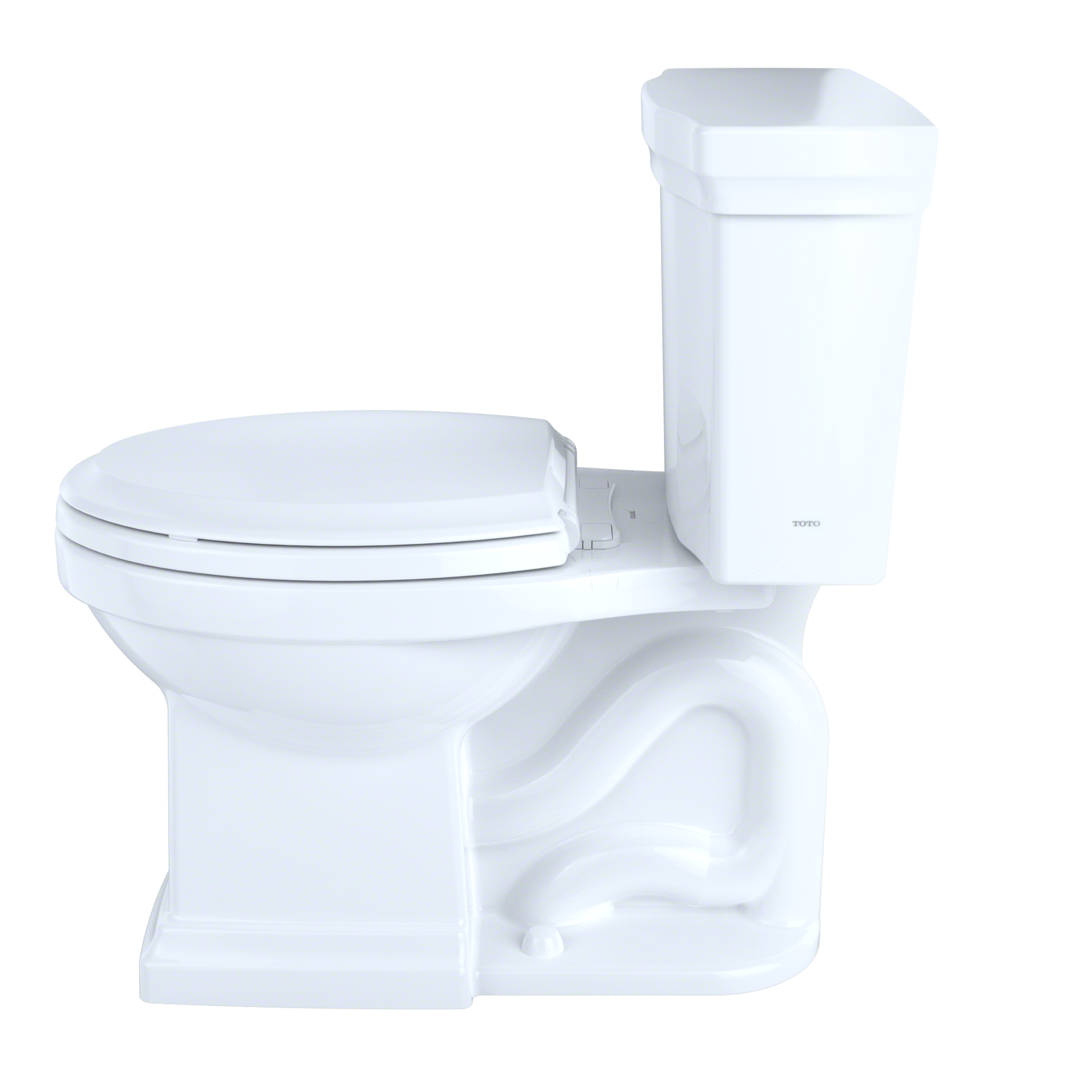 White two-piece elongated toilet with closed seat and tank, shown from angled front view.