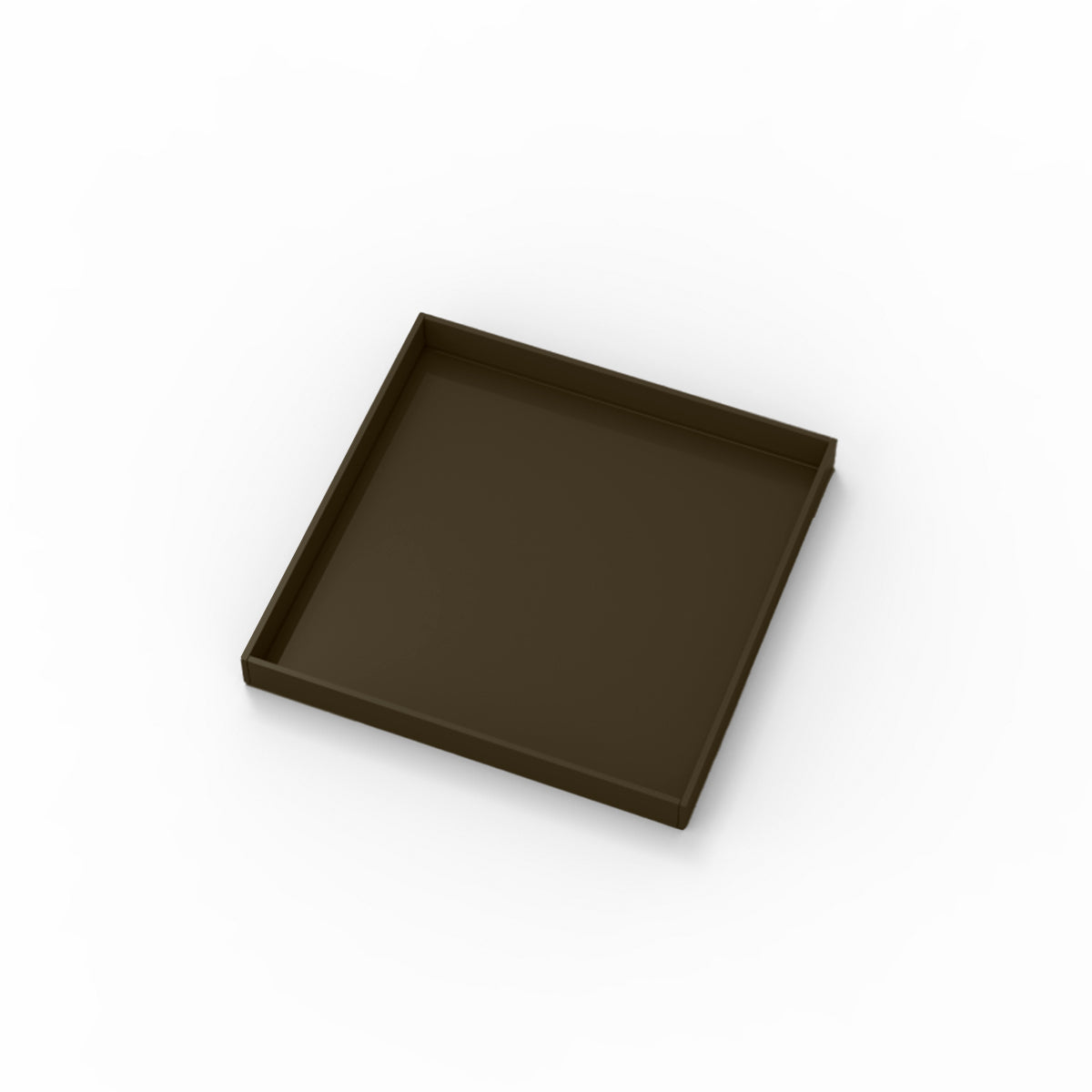Square oil rubbed bronze drain cover with recessed center and raised rim border.