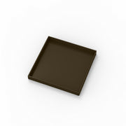 Square oil rubbed bronze drain cover with recessed center and raised rim border.