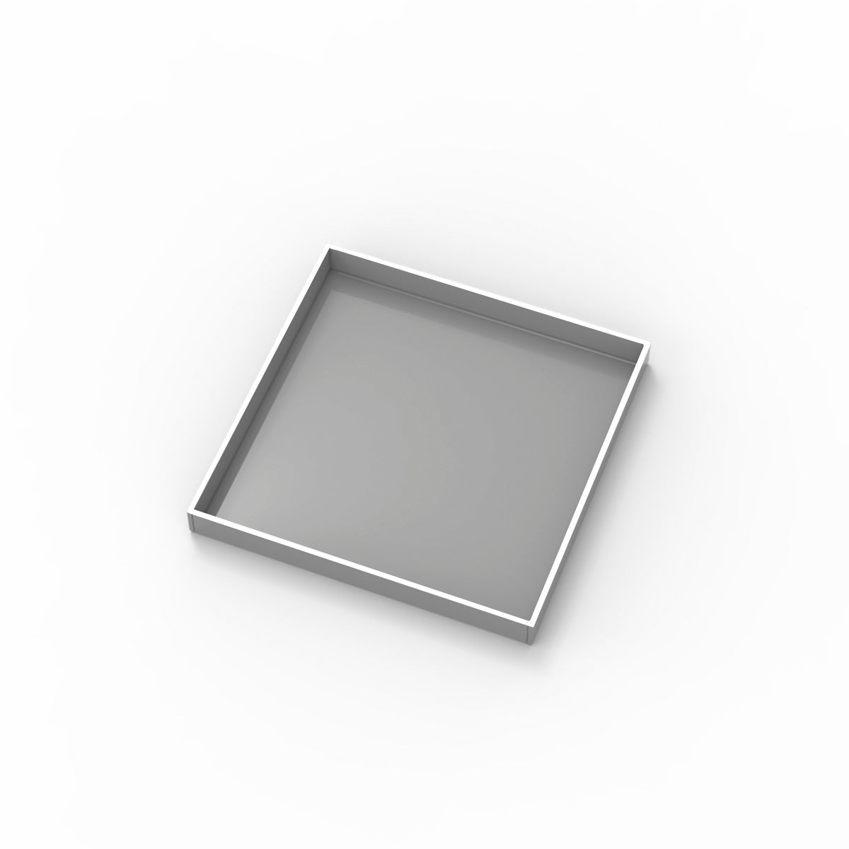 Square polished stainless steel drain cover with recessed center and raised border frame.