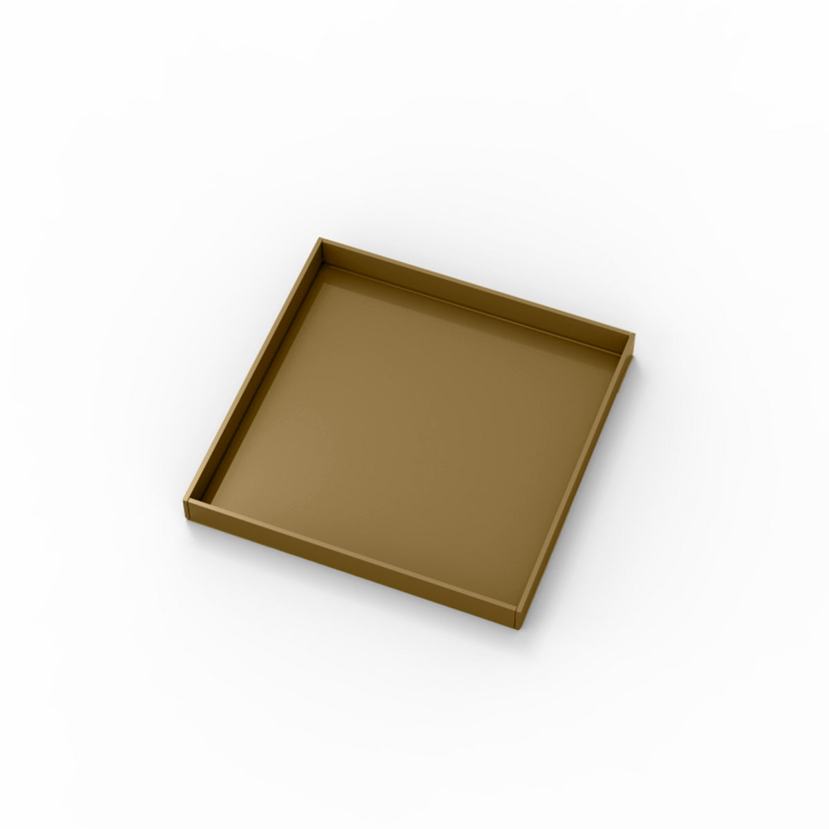 Square satin bronze drain cover with flat surface and recessed rim, 5" x 5".