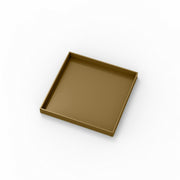 Square satin bronze drain cover with flat surface and recessed rim, 5" x 5".