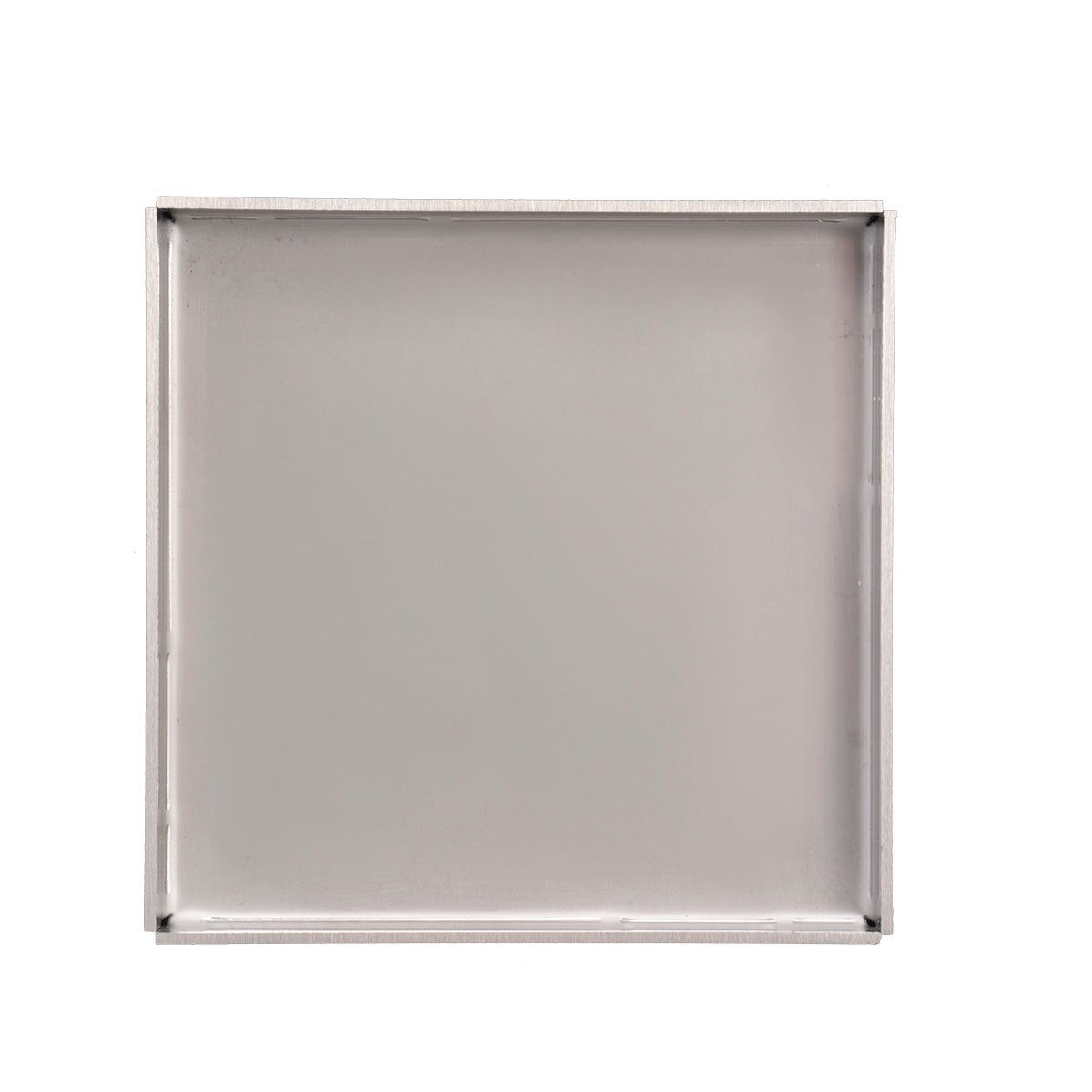 Square satin stainless steel drain cover with recessed center and raised border frame.
