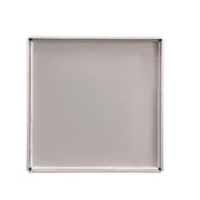 Square satin stainless steel drain cover with recessed center and raised border frame.