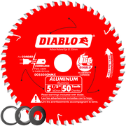 Red circular saw blade with 50 silver-tipped carbide teeth around the edge, white center hub, and Diablo branding.