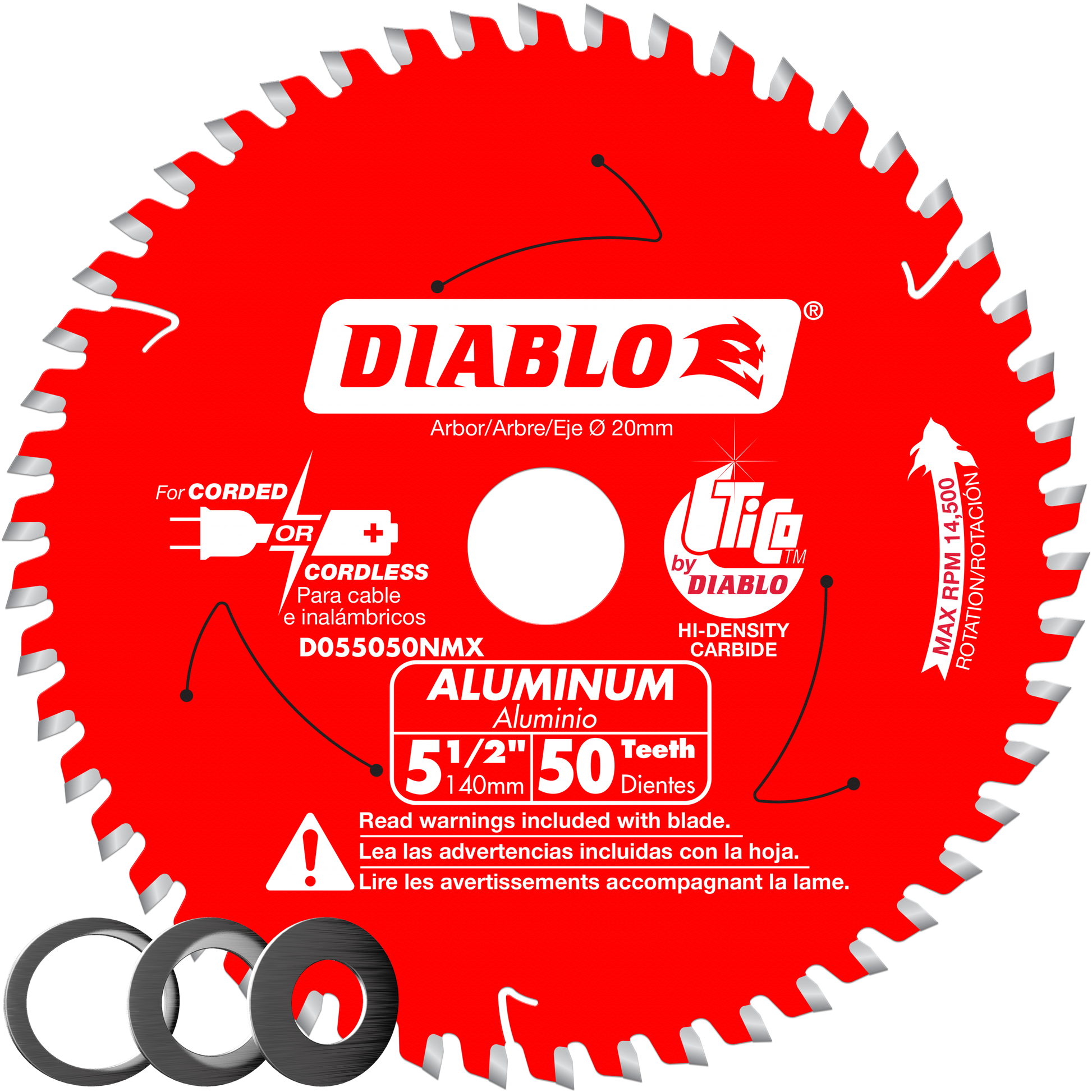 Red circular saw blade with 50 silver-tipped carbide teeth around the edge, white center hub, and Diablo branding.
