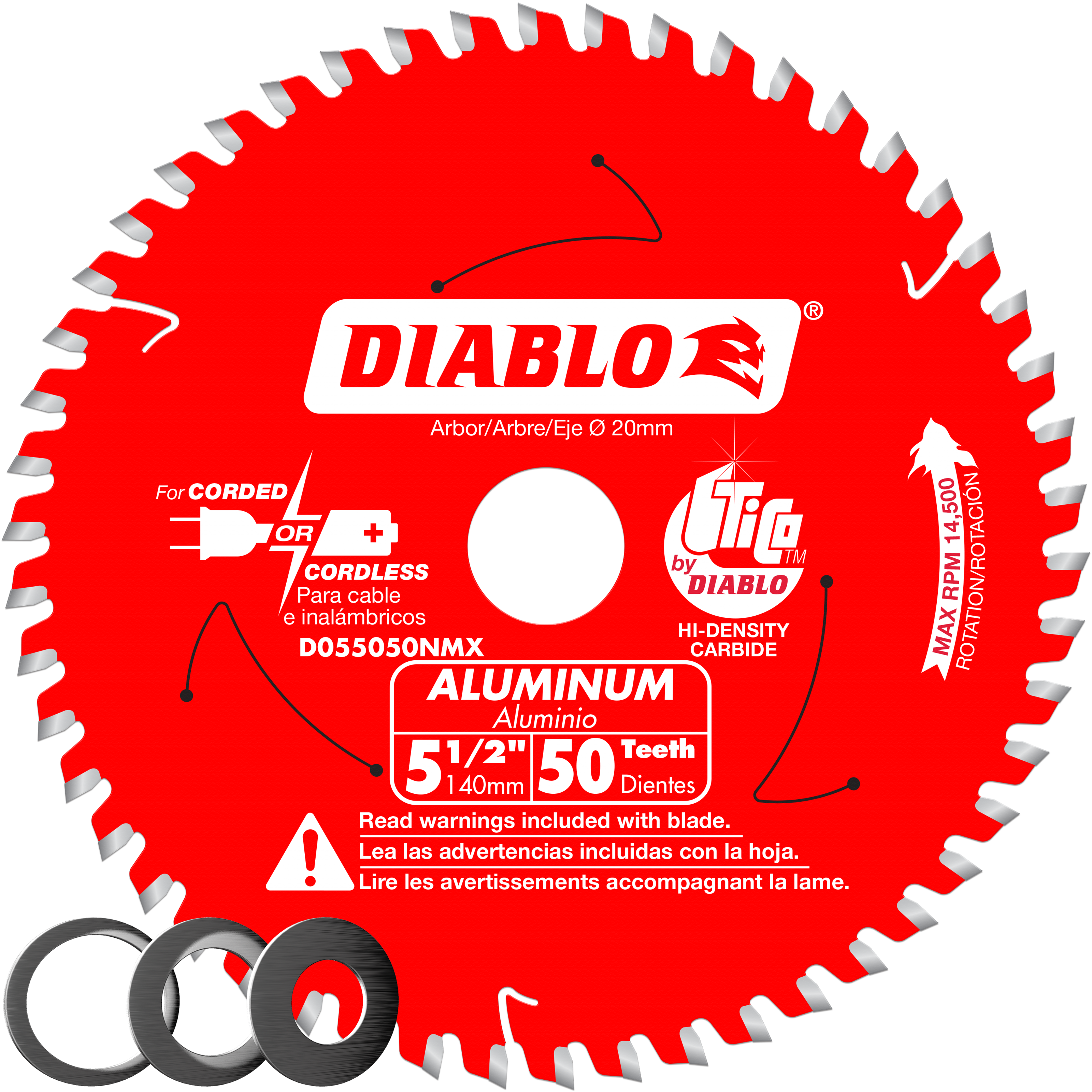 Red circular saw blade with 50 silver-tipped carbide teeth around the edge, white center hub, and Diablo branding.