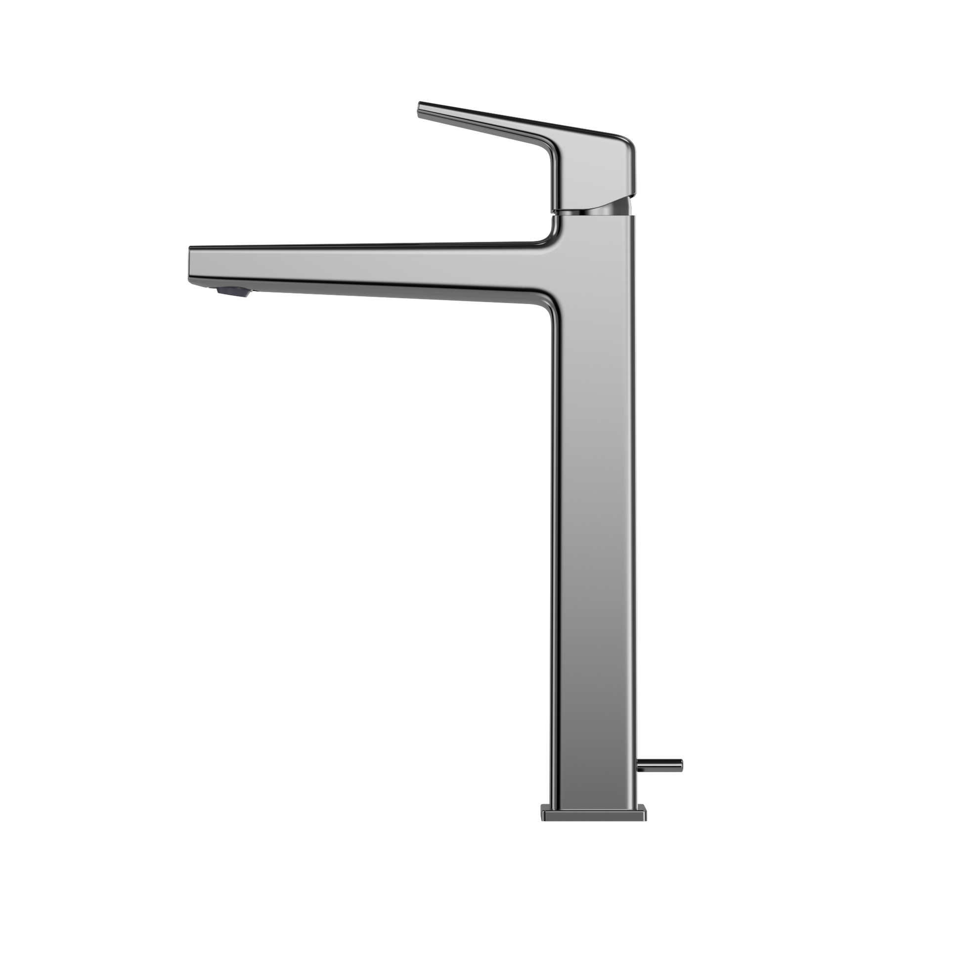 Polished chrome single-handle vessel sink faucet with tall angular spout and rectangular base.