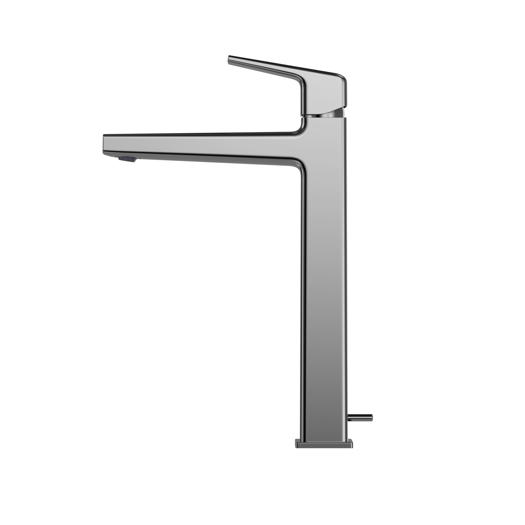 Polished chrome single-handle vessel sink faucet with tall angular spout and rectangular base.
