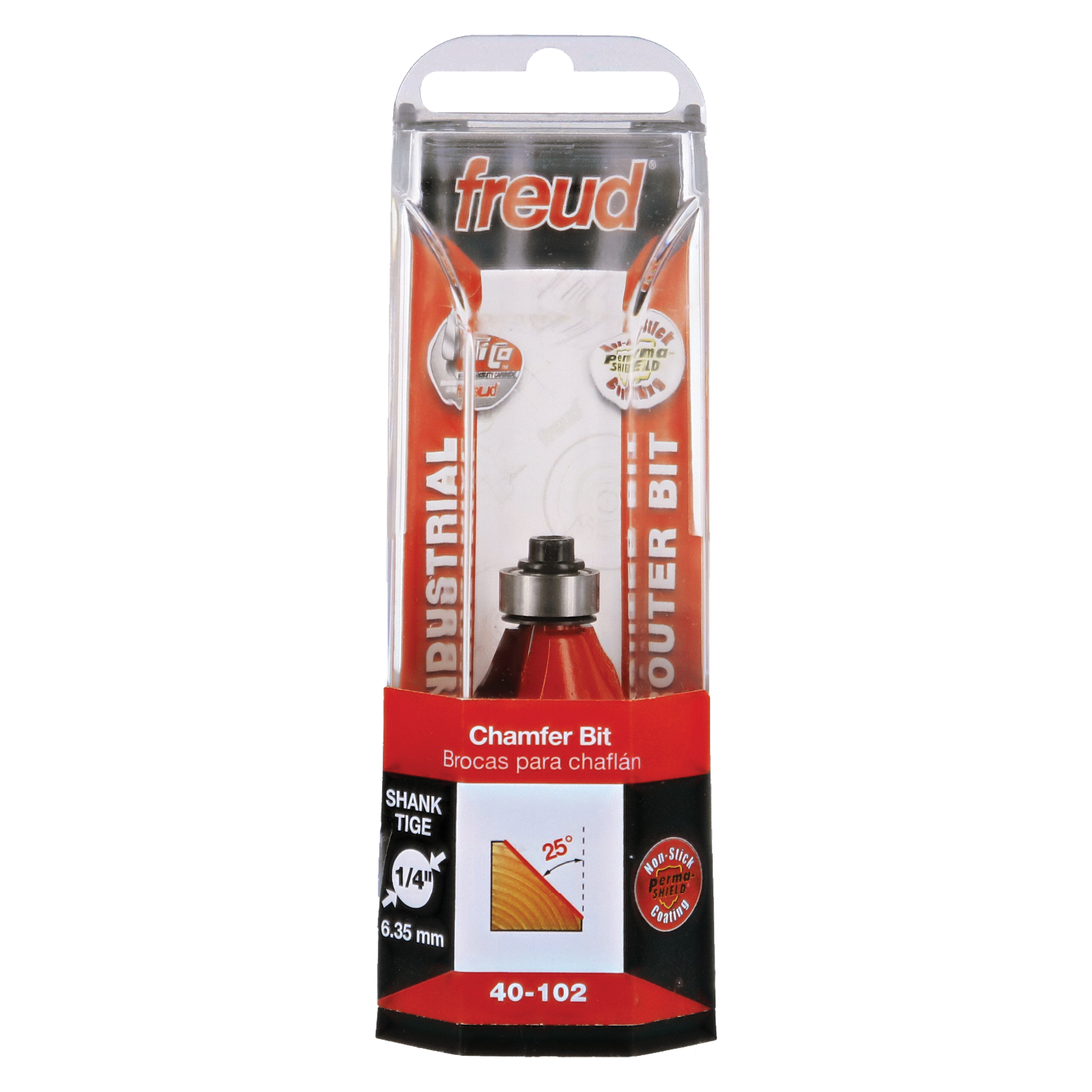 Freud 40-102 chamfer bit with red cone-shaped cutting head and black shank in clear plastic retail packaging.