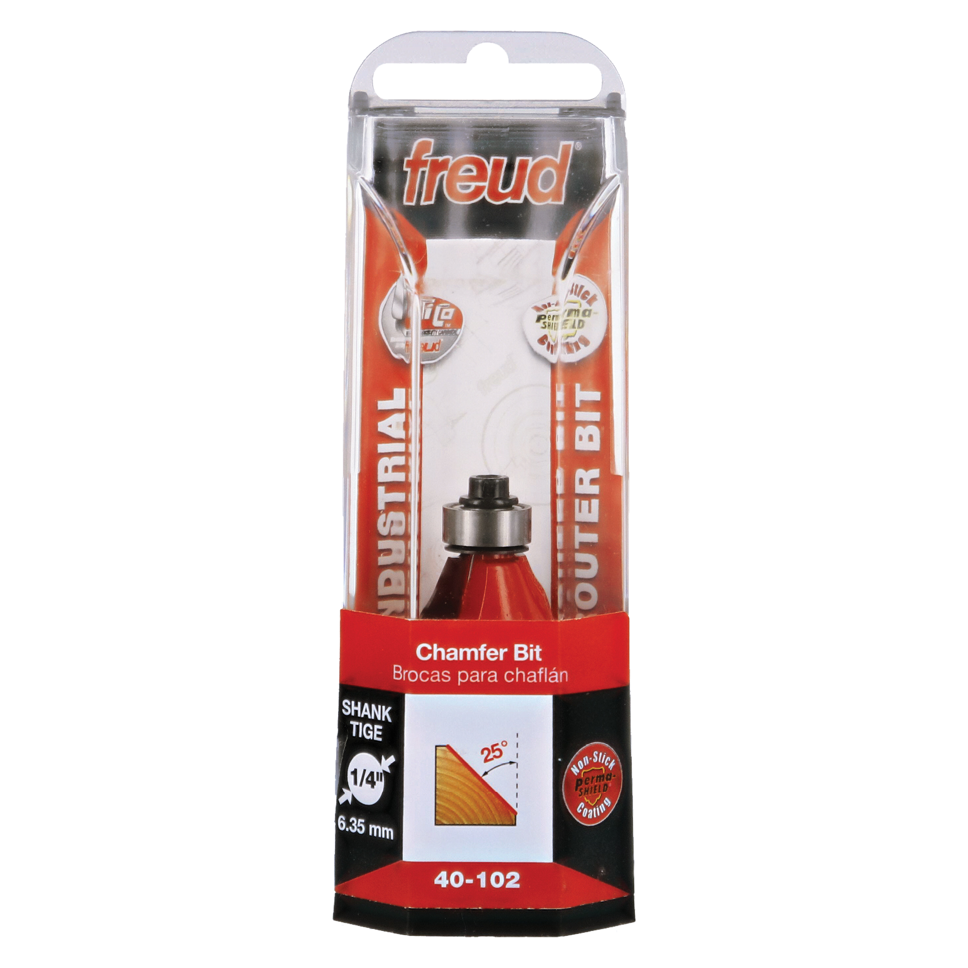 Freud 40-102 chamfer bit with red cone-shaped cutting head and black shank in clear plastic retail packaging.