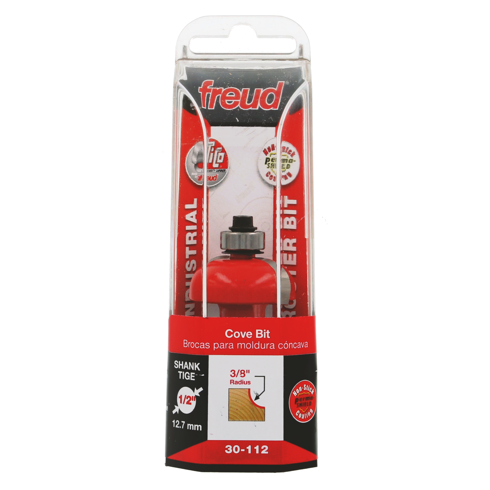 Freud cove bit with red body, metal shank, and silver cutting head in clear plastic clamshell packaging.