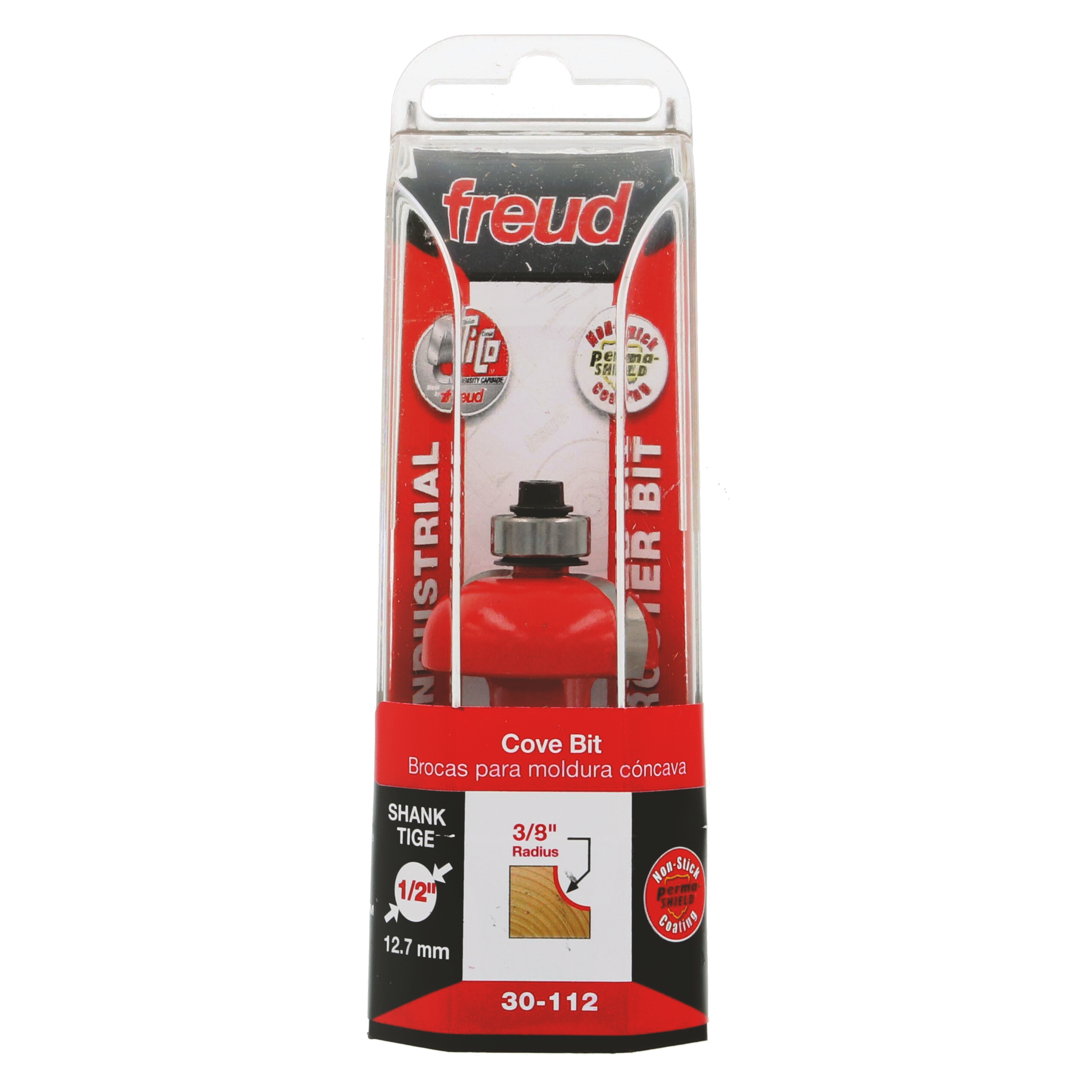 Freud cove bit with red body, metal shank, and silver cutting head in clear plastic clamshell packaging.