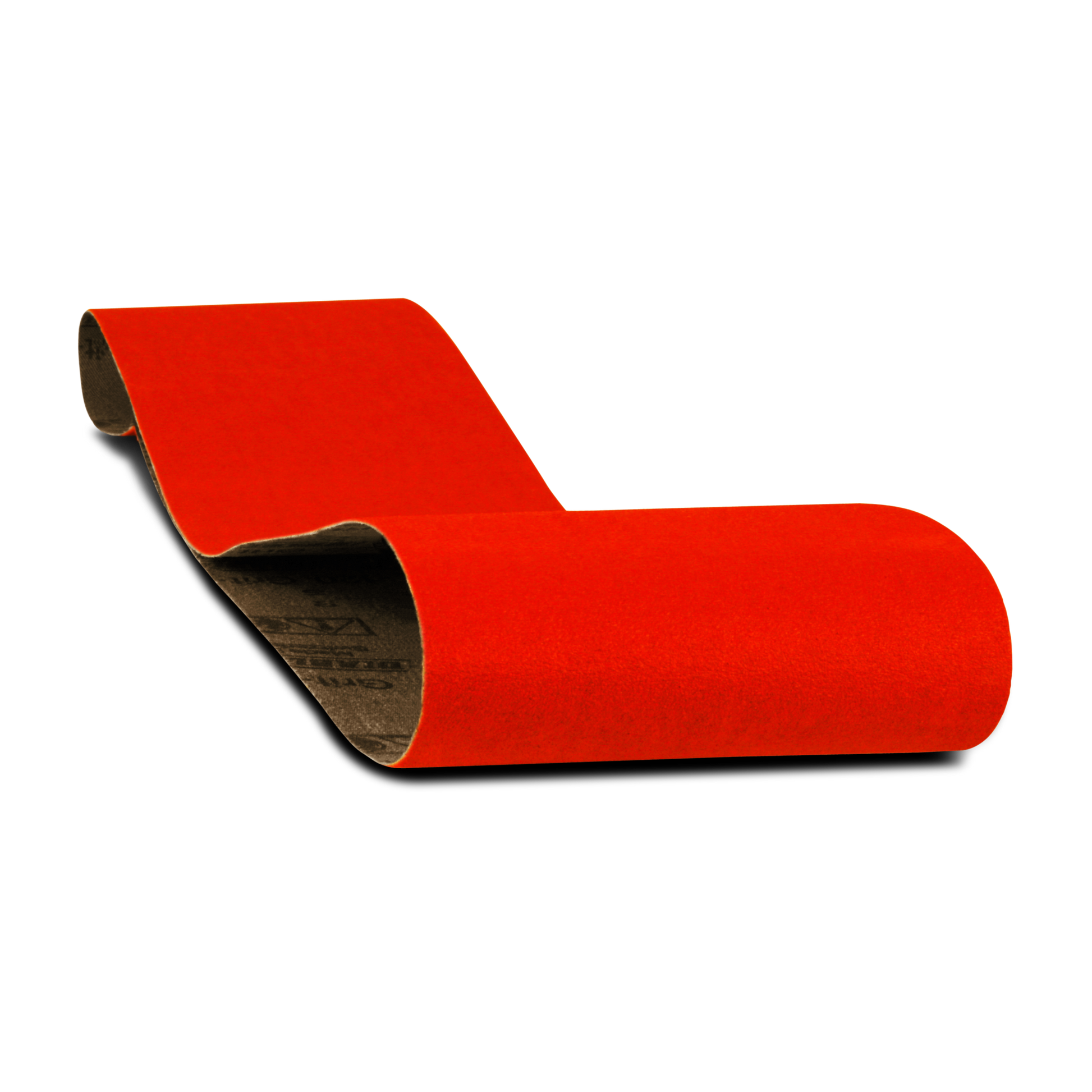 Red sanding belt with dark backing, curved to show cylindrical form.