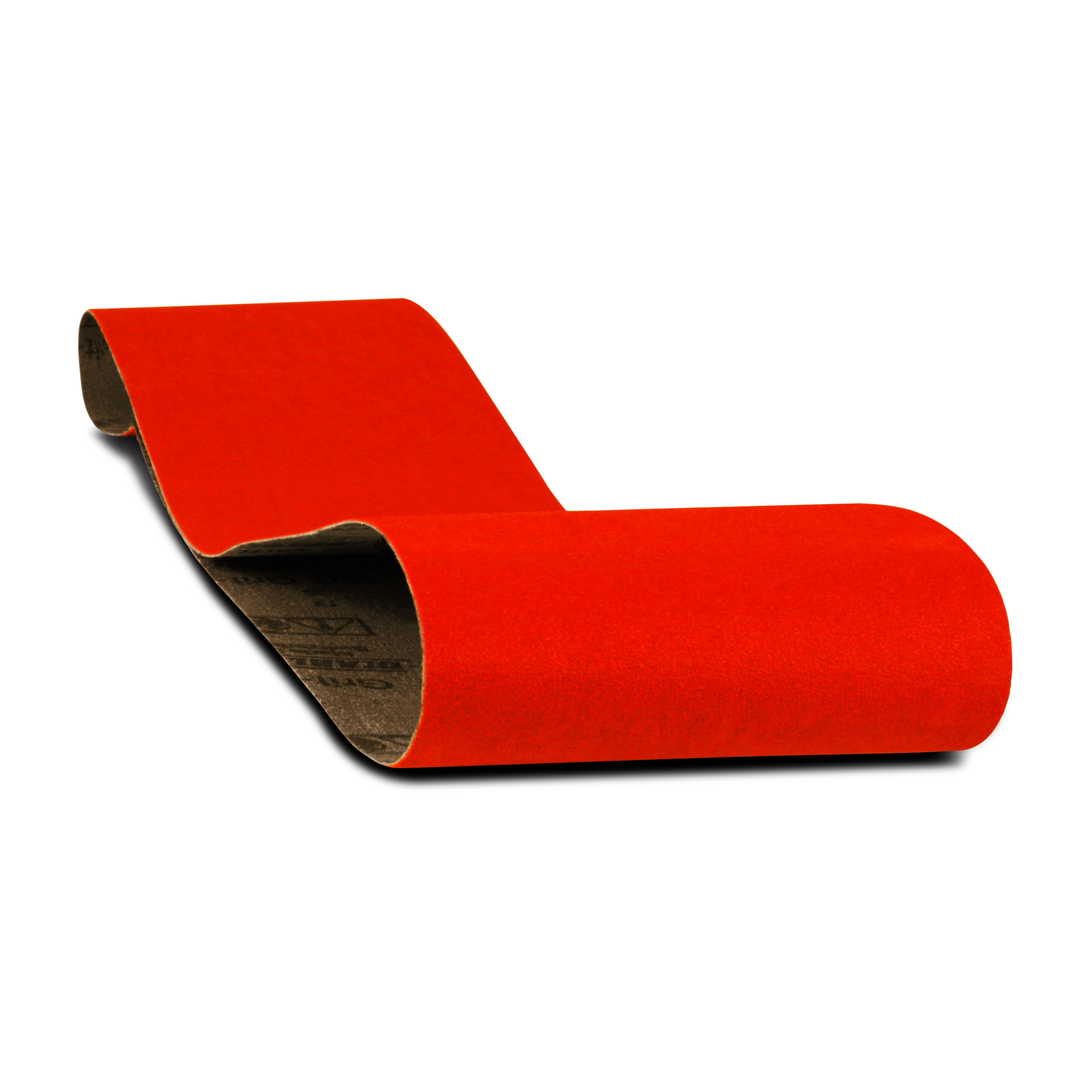 Red sanding belt with dark backing, curved to show cylindrical form.